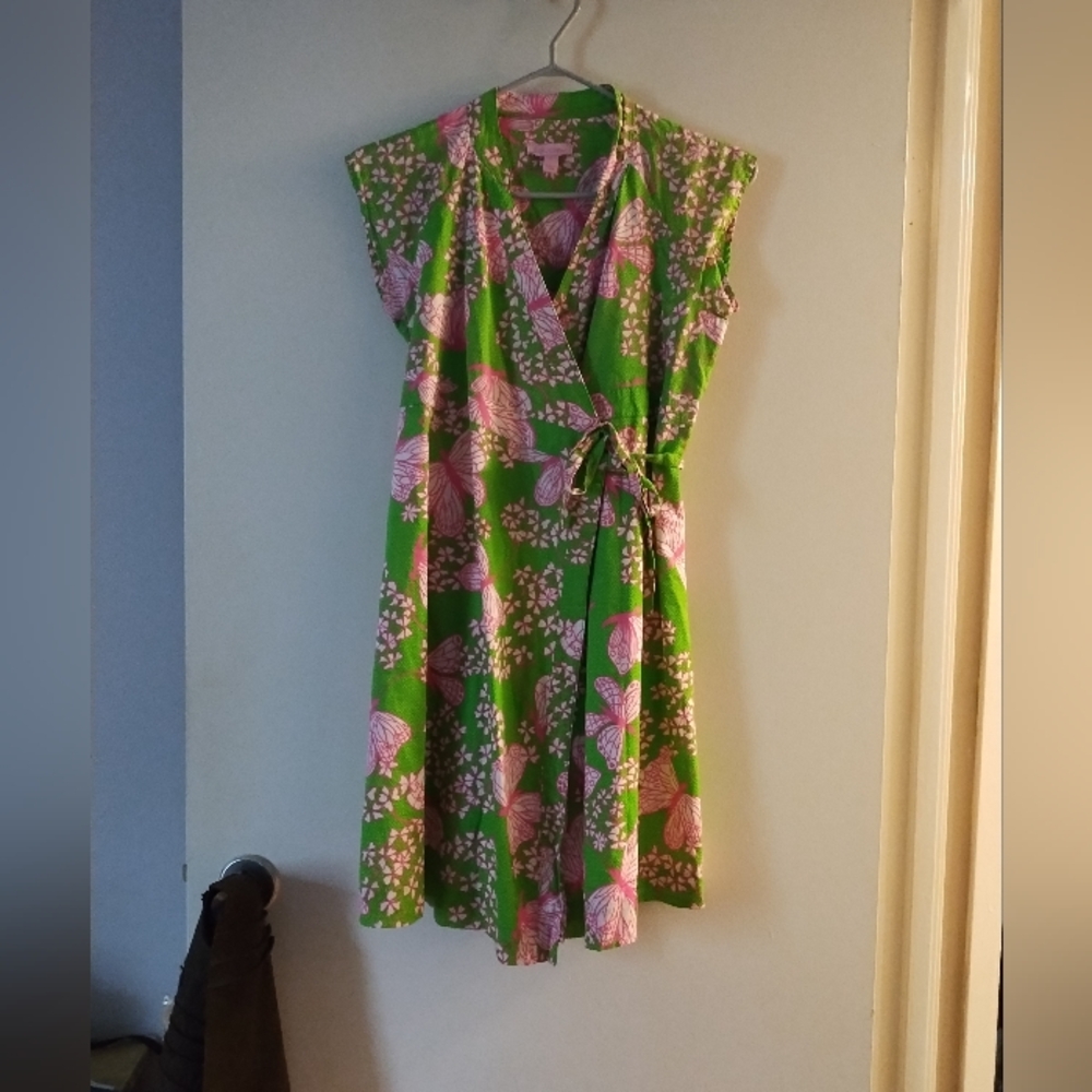 Lilly Pulitzer Pink Green Print Cotton Wrap Dress 14